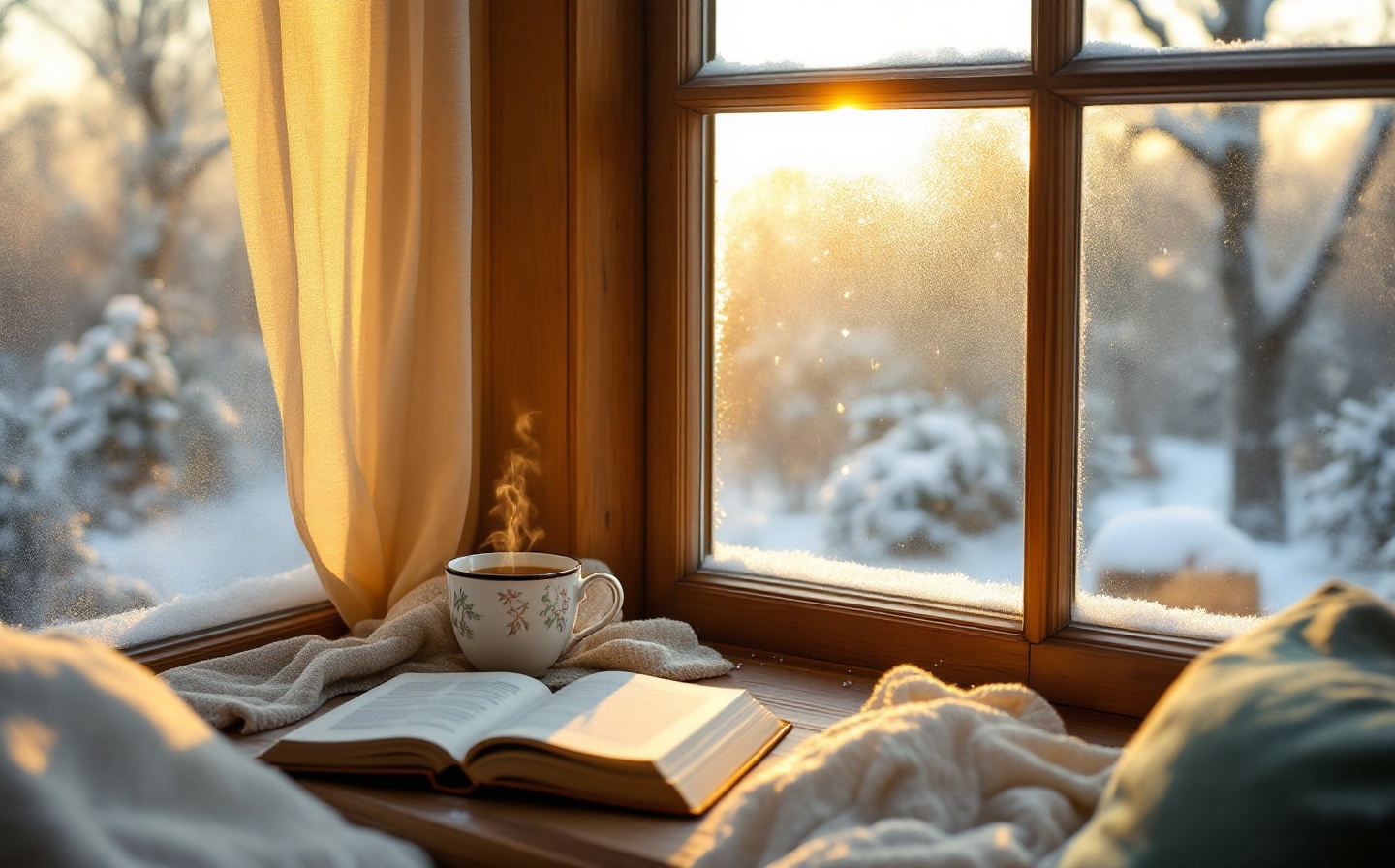 A serene winter scene featuring a person sitting by a window reading a book in soft light