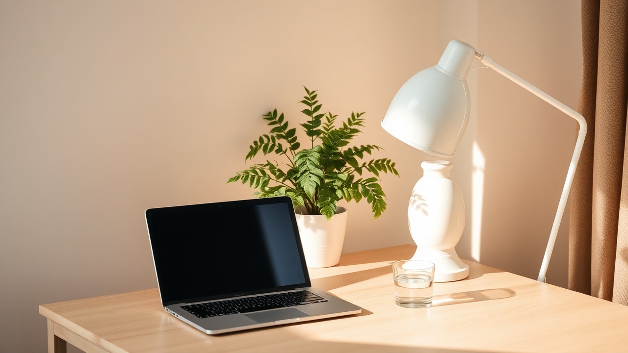 A calm, sunlit workspace with a journal and tea