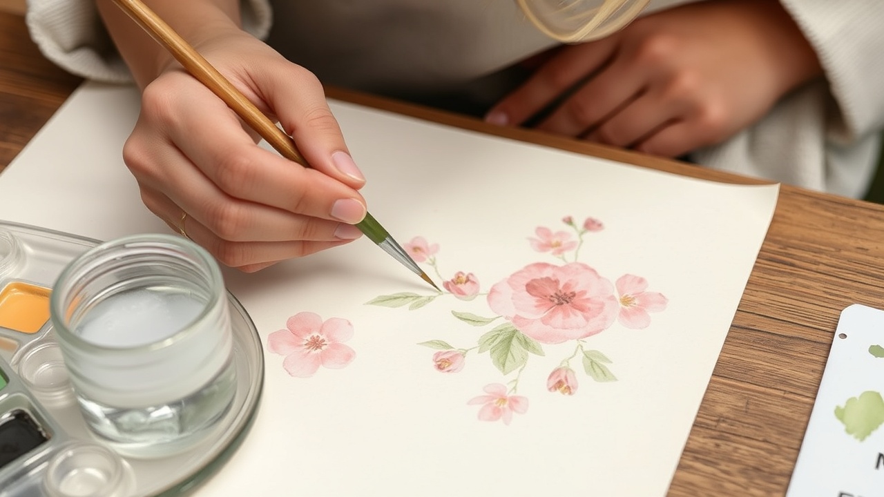 A peaceful watercolour painting of a garden scene on a wooden table
