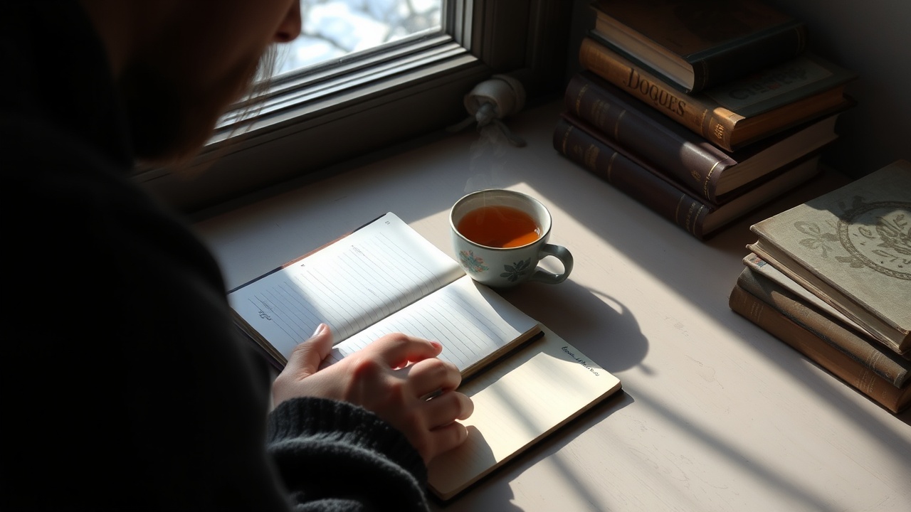 A warm desk scene featuring a leather notebook, a fountain pen, and a steaming cup of tea on a wooden surface