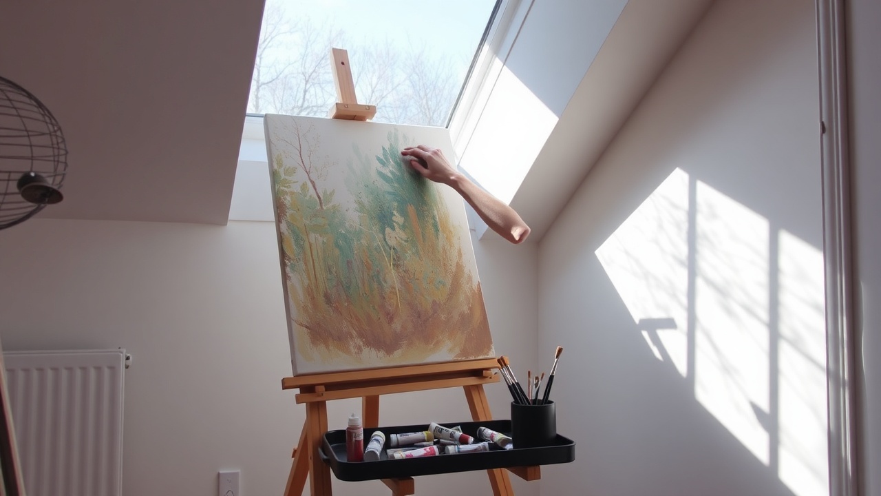 A cozy creative workspace with watercolor paints, brushes, and paper spread out on a wooden table