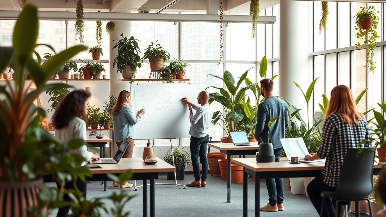 A bright, open-plan office space filled with lush green plants and abundant natural sunlight
