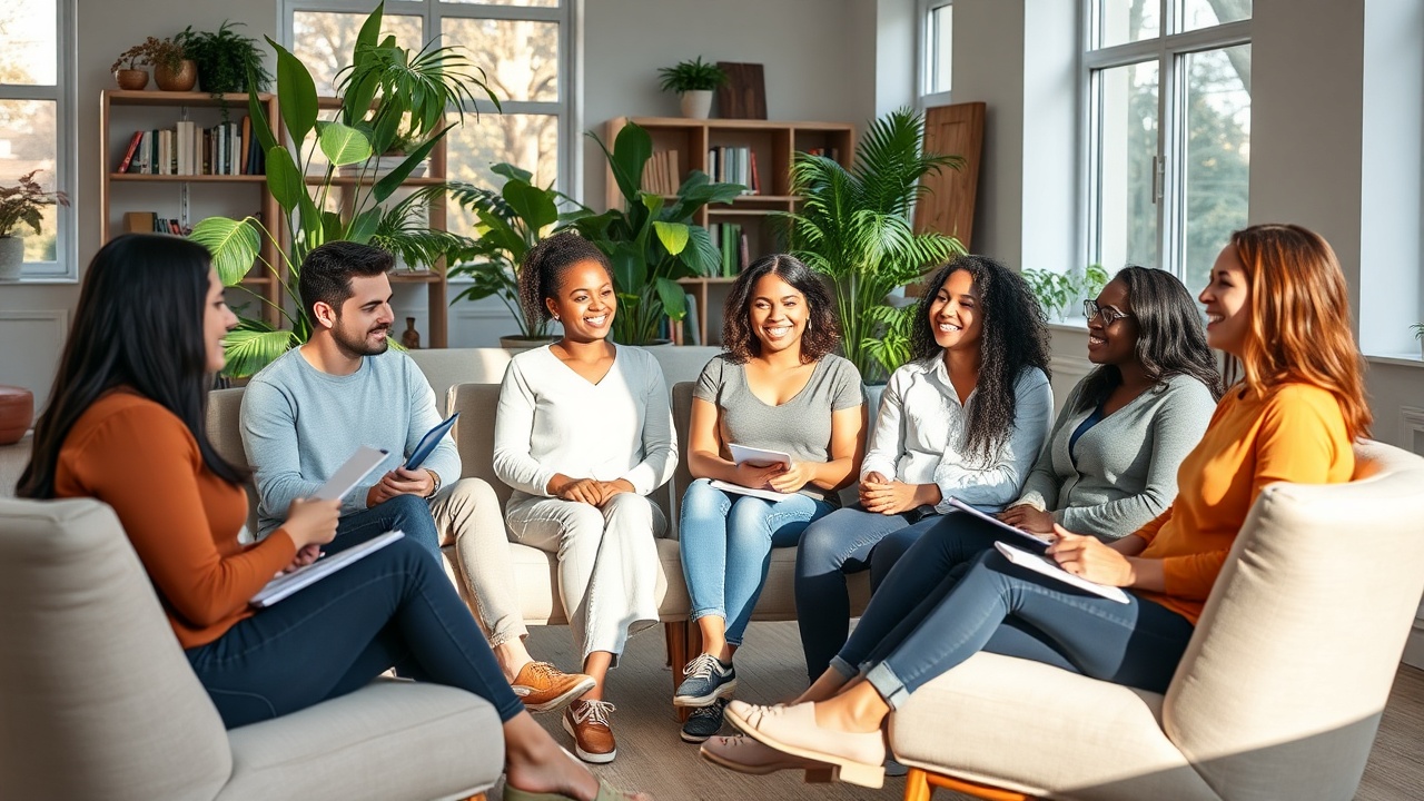 A diverse group of people sitting around a virtual campfire on a tablet screen, smiling warmly at each other