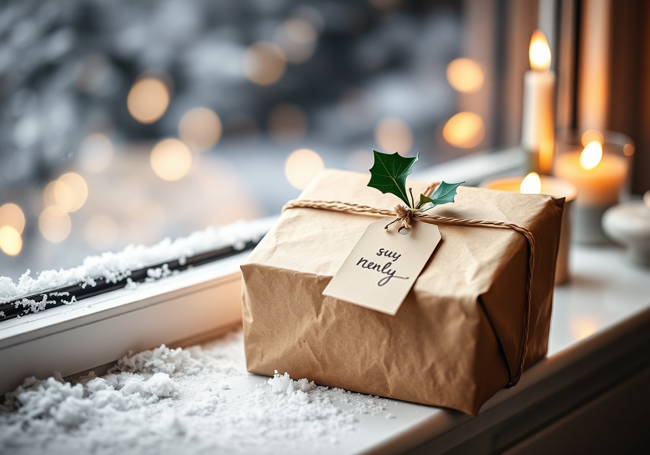 A beautifully wrapped gift box resting on a wooden sill with a view of a snowy landscape outside
