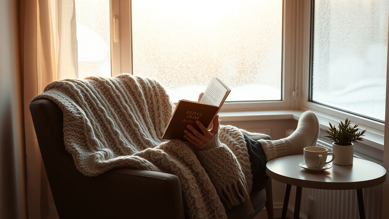 A person reading by a soft lamp with a mug of tea