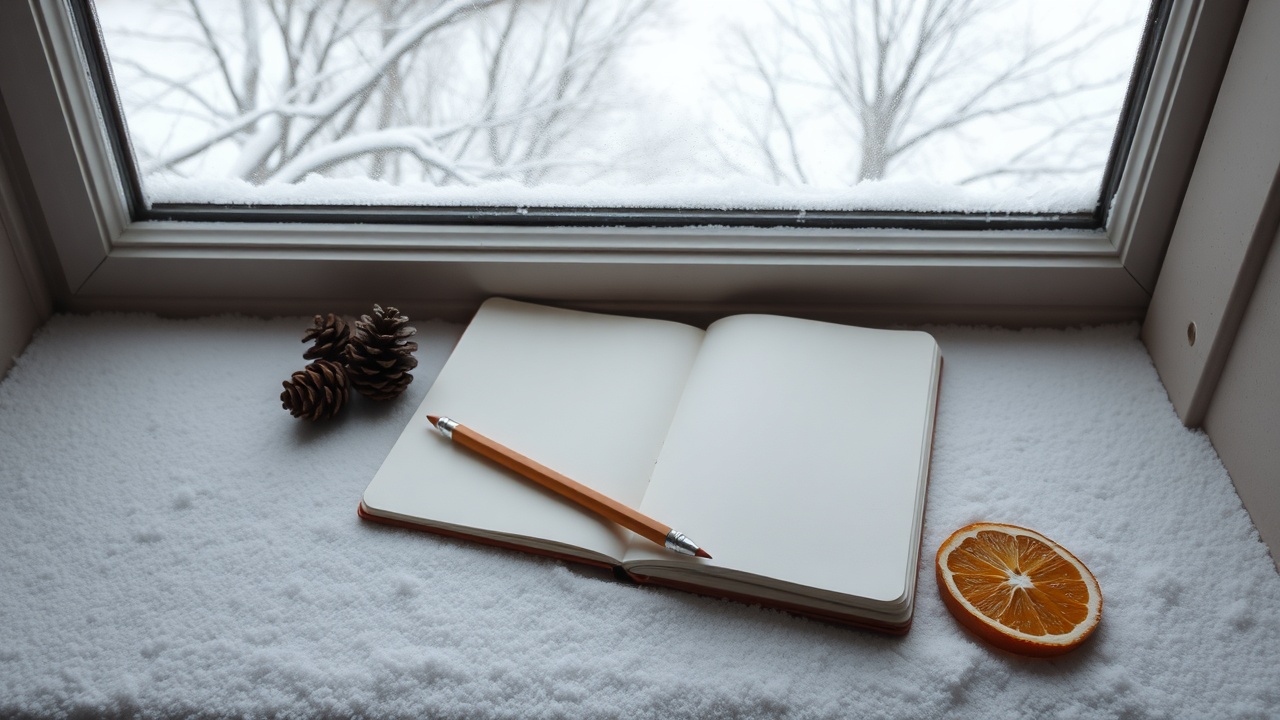 Snow-dusted windowsill with sketchbook and pencils