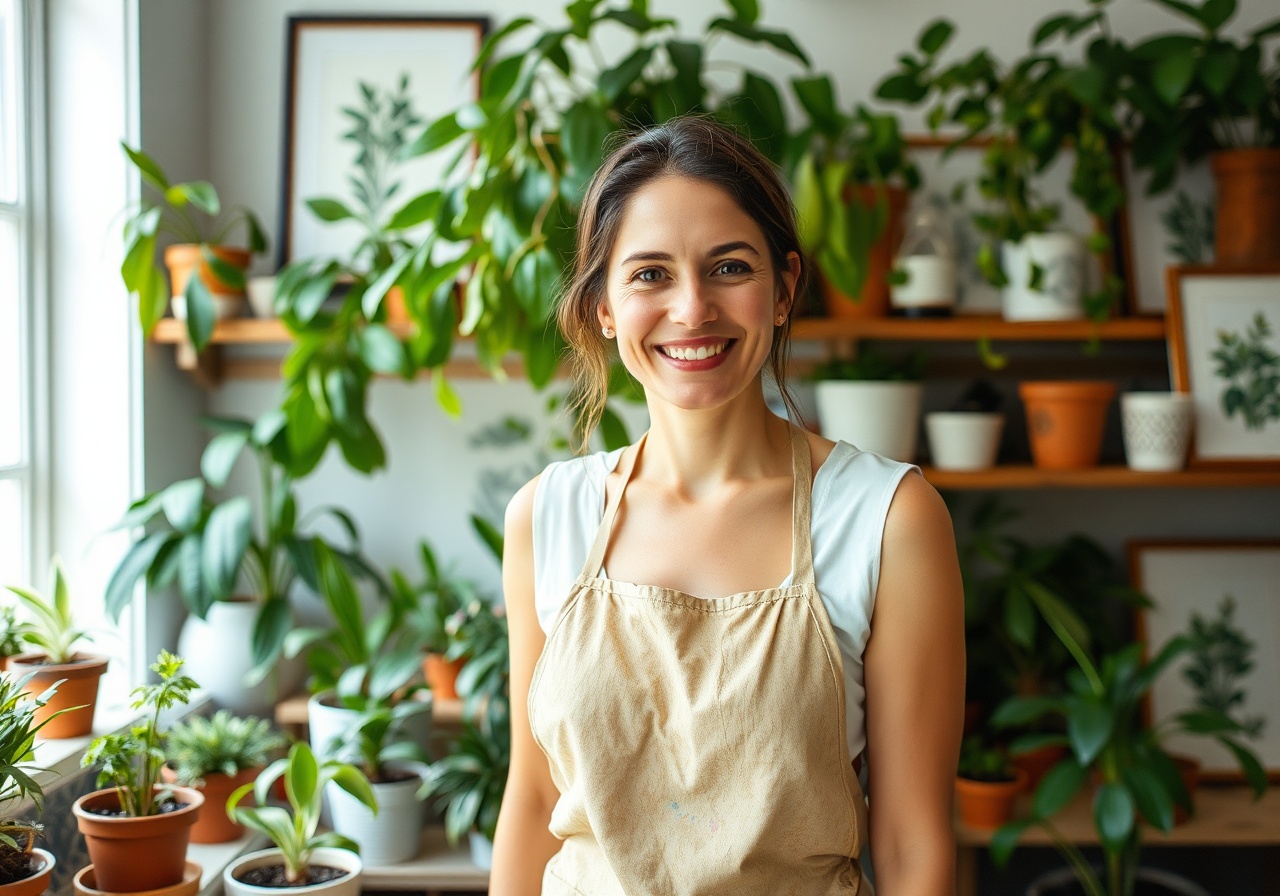 Portrait of Elena Marsh in a bright studio filled with plants and art supplies